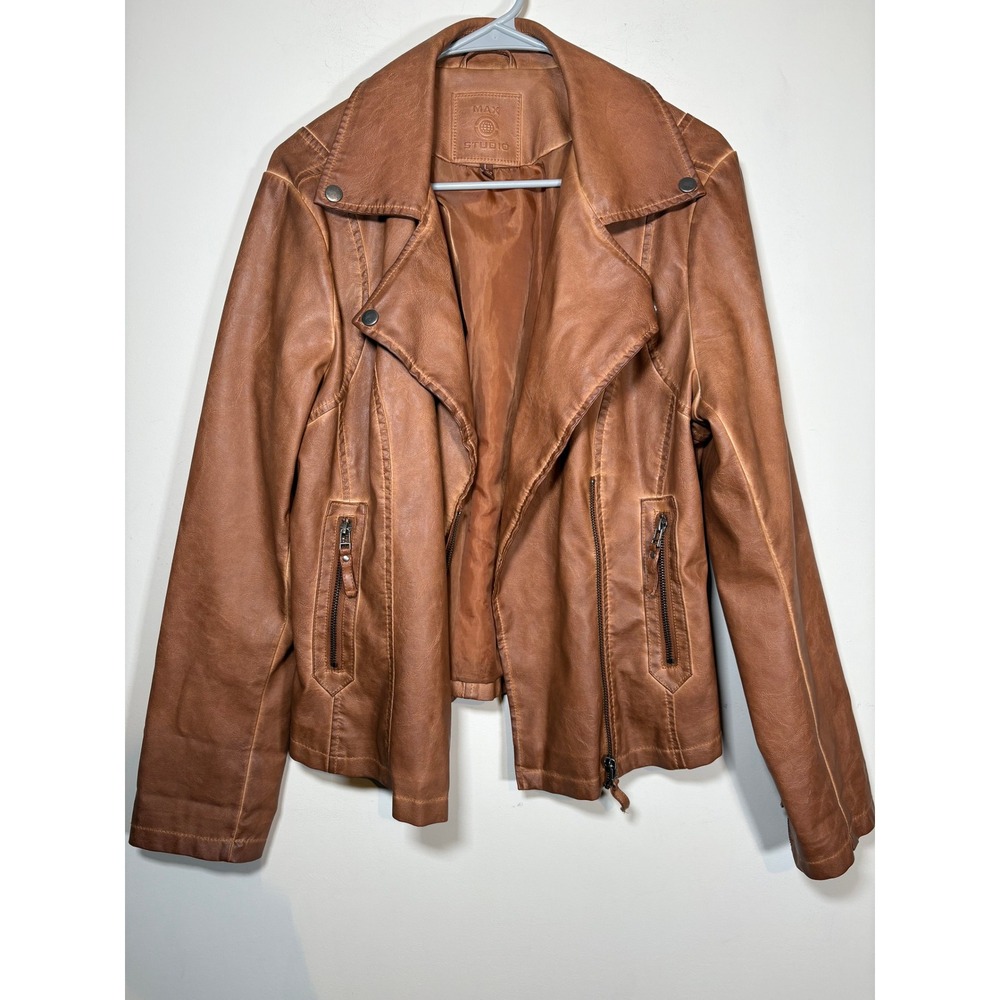 Max Studio Moto Jacket Brown Faux Leather Asymmetrical Zip Hipster Biker Large